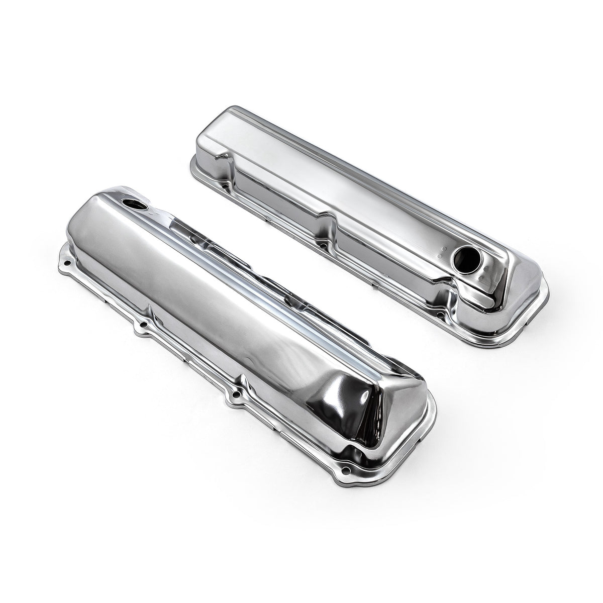 Ford 429 460 Chrome Steel Valve Covers - 3 1/2" Tall w/ Baffled Hole