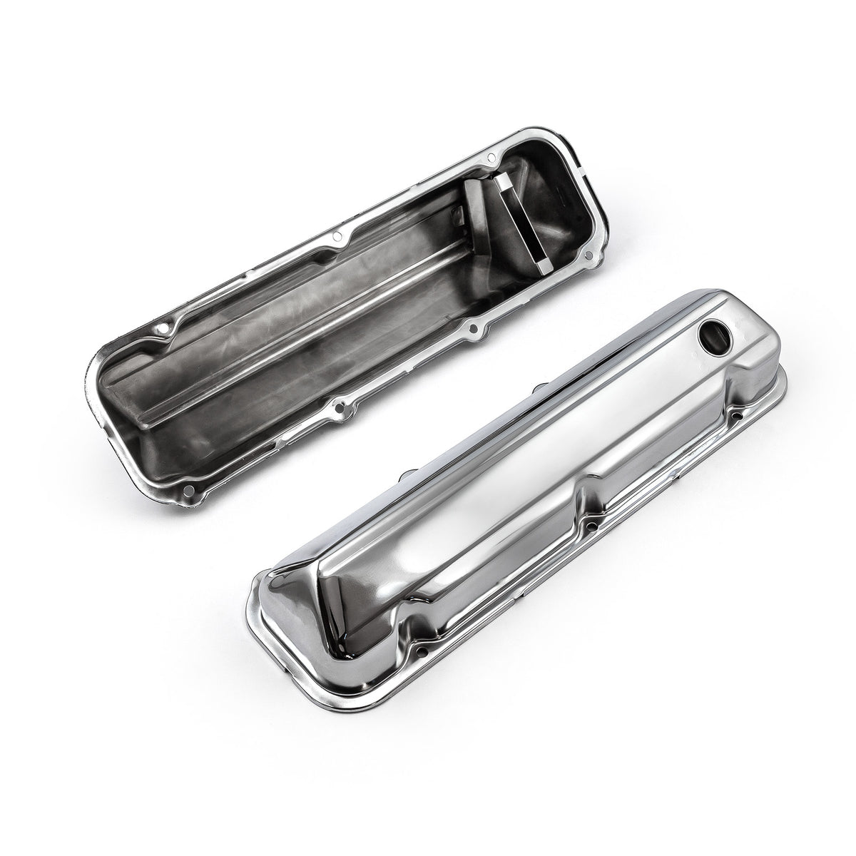 Ford 429 460 Chrome Steel Valve Covers - 3 1/2" Tall w/ Baffled Hole