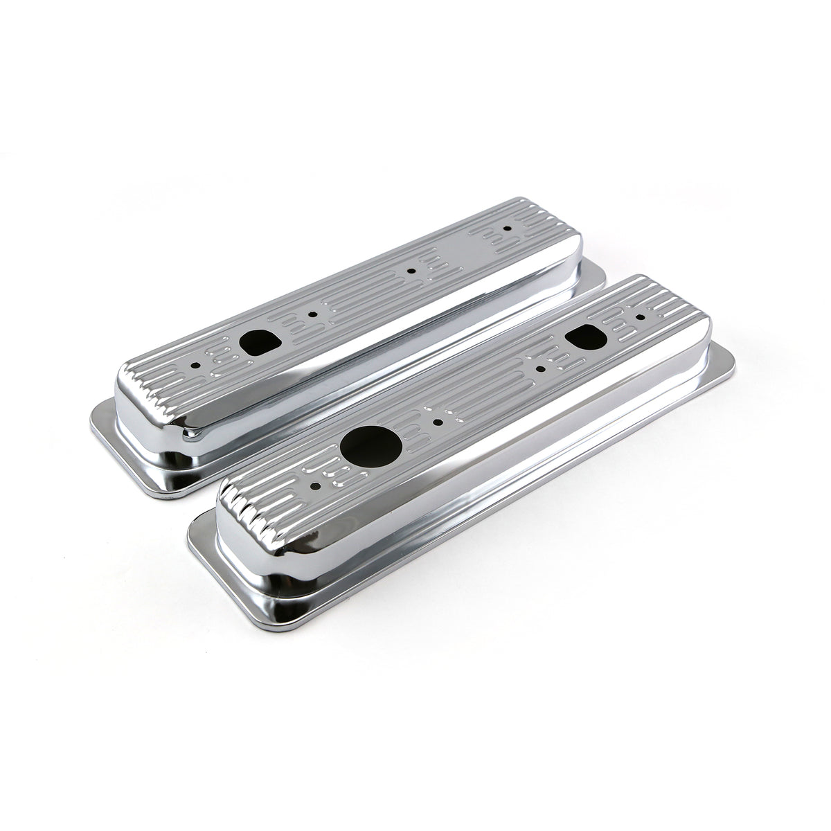 Chevy SBC 350 Center Bolt Chrome Steel Valve Covers - Short w/ Truck Cap Hole
