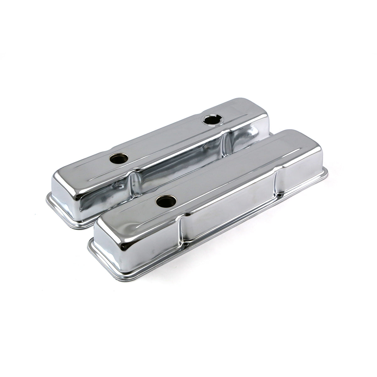 Chevy SBC 350 Stock-Style Chrome Steel Valve Covers - Short w/ Baffled Hole