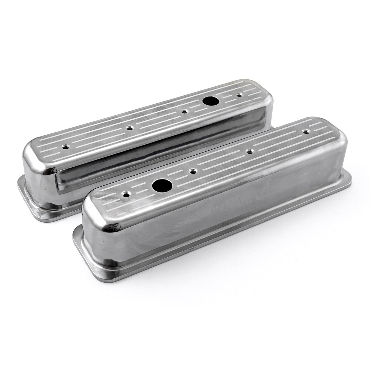 Chevy SBC 350 Center Bolt Polished Aluminum Ball Milled Valve Covers Tall w/Hole