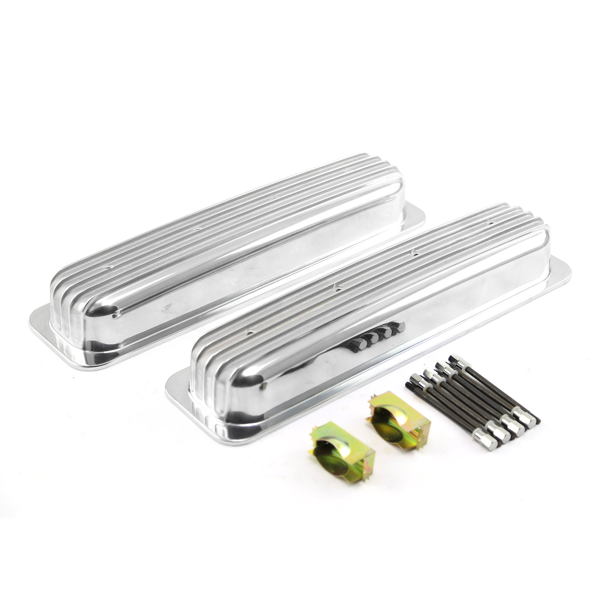 Chevy SBC 350 Center Bolt Nostalgic Finned Aluminum Valve Covers Short w/o Hole