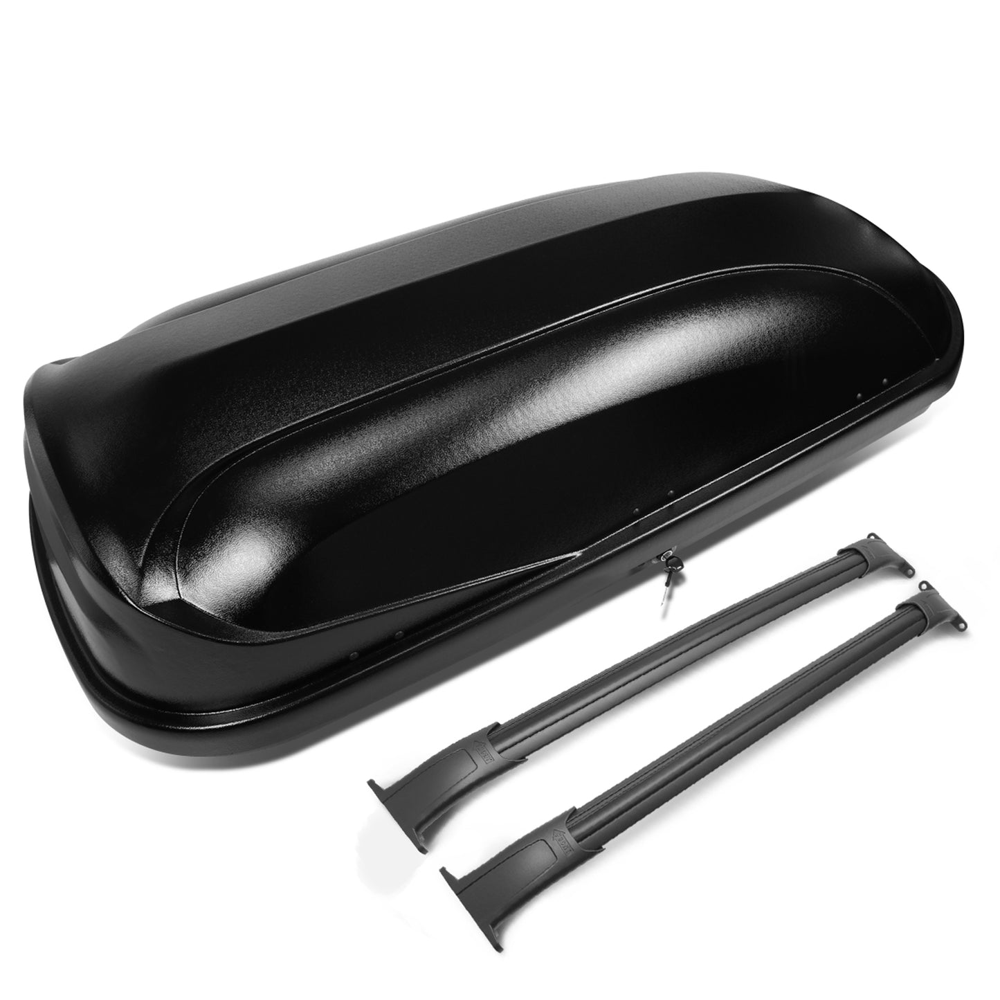 PORTAEQUIPAJE ROOF RACK CROSS BARS + CARGO ROOF BOX - 15-18 CADILLAC ESCALADE, CADILLAC ESCALADE ESV, CHEVY SUBURBAN, CHEVY TAHOE, GMC YUKON, GMC YUKON XL - MOUNTS ONTO OEM ROOF RAILS ONLY - BLACK