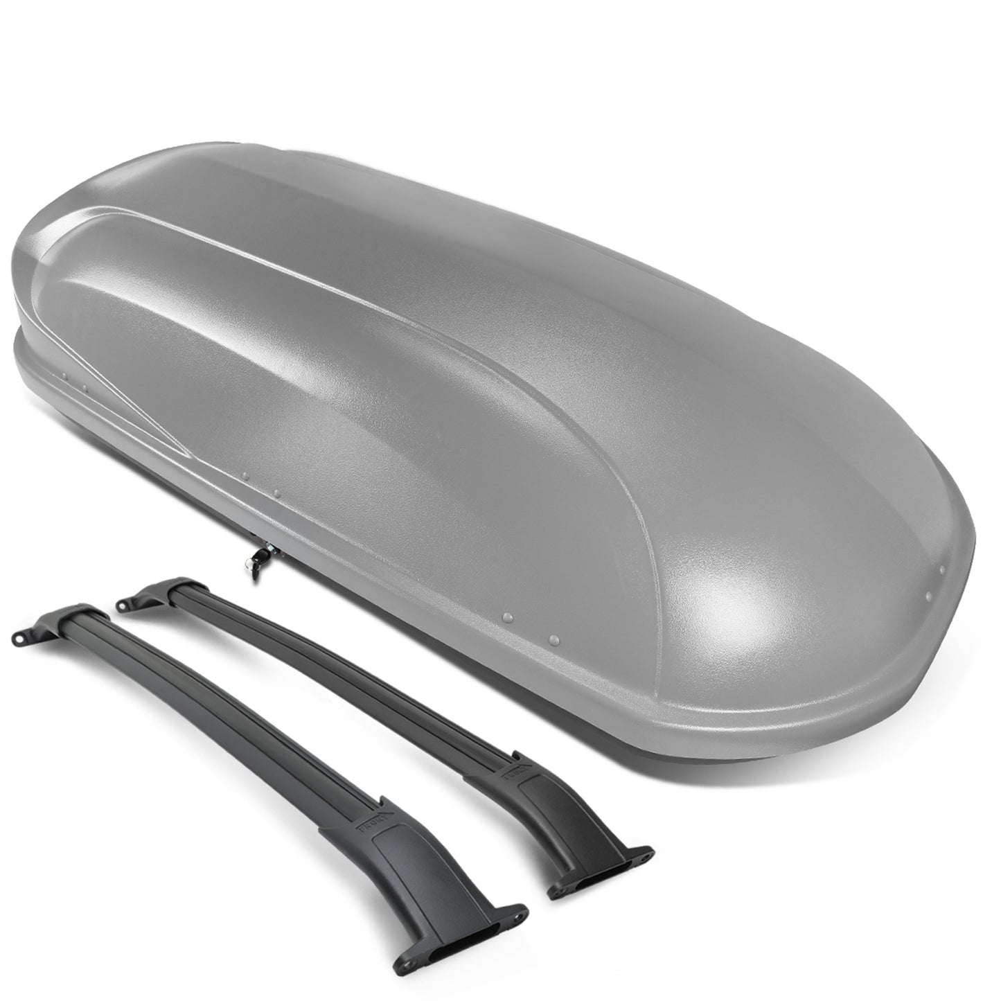 PORTAEQUIPAJE ROOF RACK CROSS BARS + CARGO ROOF BOX - 15-18 CADILLAC ESCALADE, CADILLAC ESCALADE ESV, CHEVY SUBURBAN, CHEVY TAHOE, GMC YUKON, GMC YUKON XL - MOUNTS ONTO OEM ROOF RAILS ONLY - GRAY
