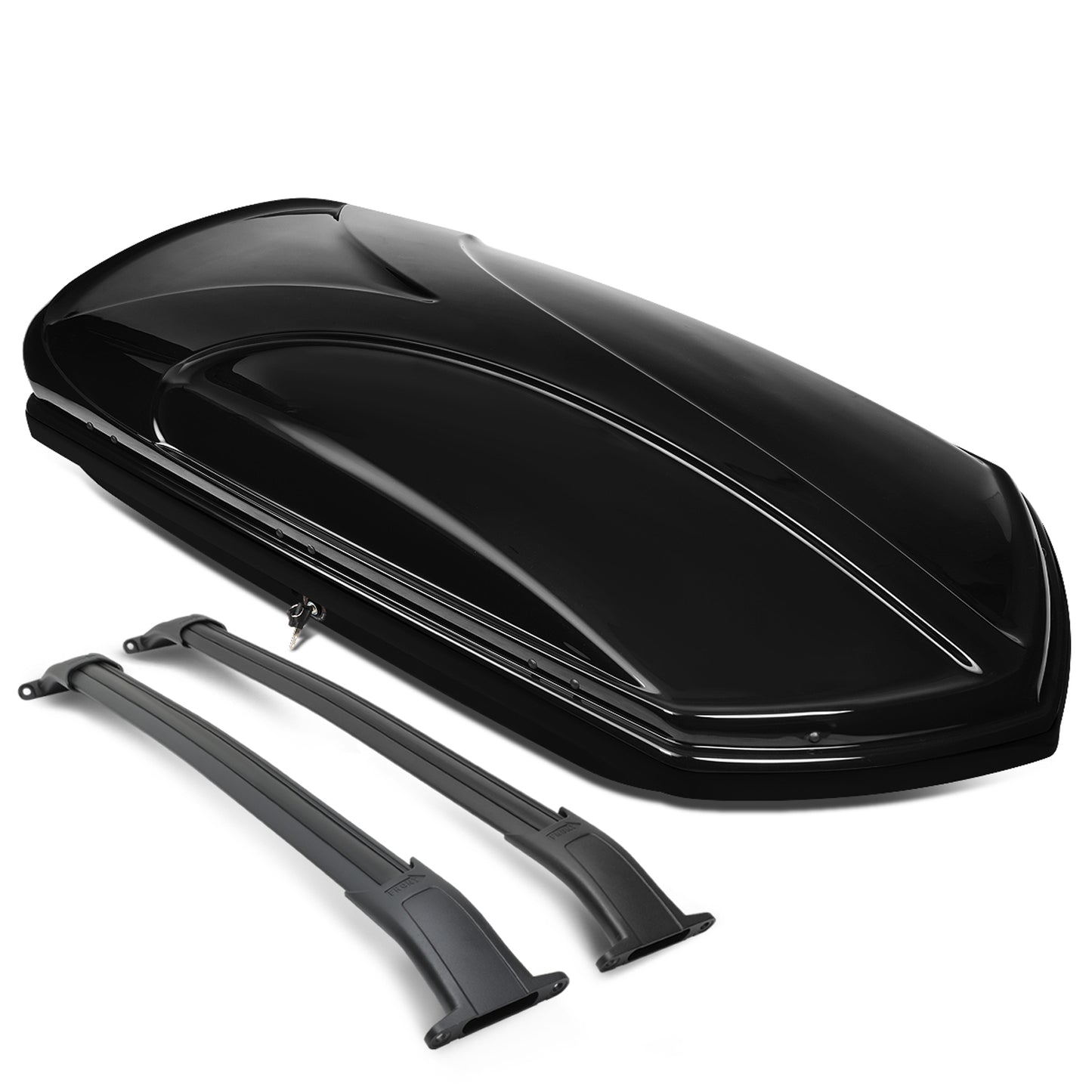 PORTAEQUIPAJE ROOF RACK CROSS BARS + CARGO ROOF BOX - 15-19 CADILLAC ESCALADE, CADILLAC ESCALADE ESV, CHEVY SUBURBAN, CHEVY TAHOE, GMC YUKON, GMC YUKON XL - BOLTS ONTO OEM ROOF RAILS ONLY - BLACK