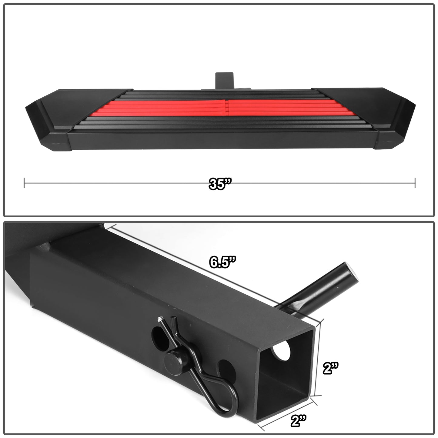 ESCALON TRASERO STAINLESS STEEL - 35" L X 6.25" W - FITS VEHICLES WITH 2" TOW HITCH RECEIVER - BLACK / RED