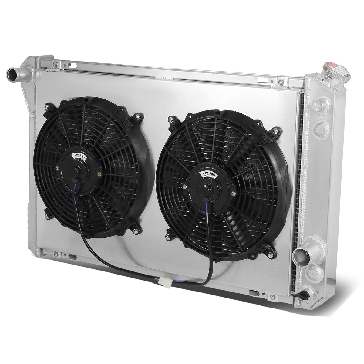 RADIADOR DE ALUMINIO RADIATOR + FAN SHROUD - 3 ROWS - 67-69 CHEVY CAMARO, PONTIAC FIREBIRD - FITS I6 V8 MT MODELS ONLY - BLACK FANS