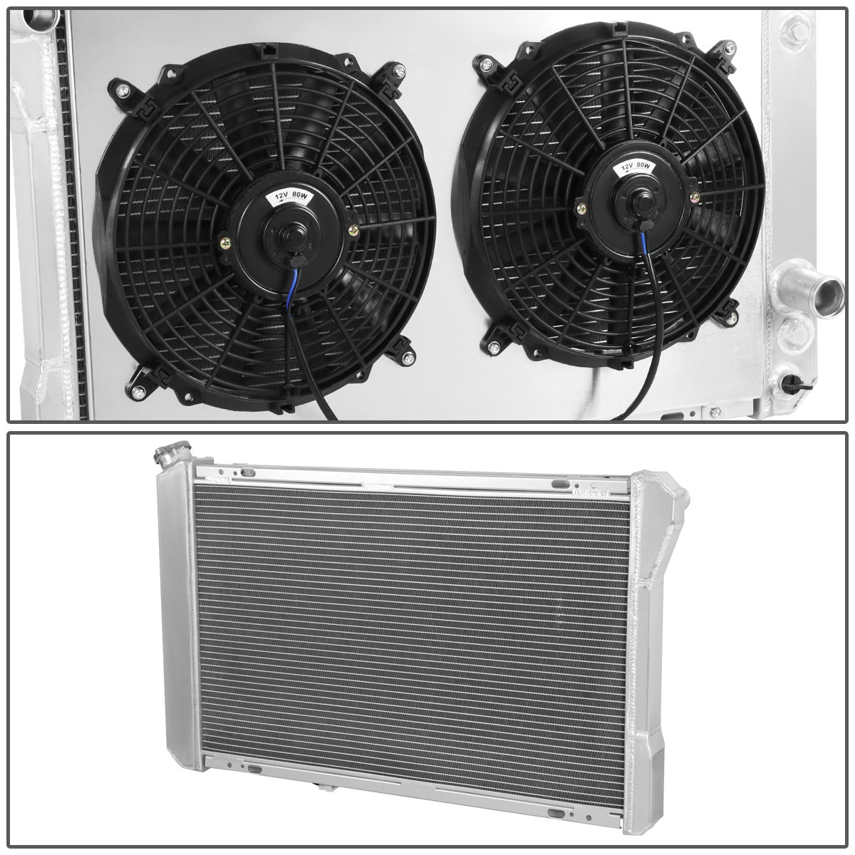 RADIADOR DE ALUMINIO RADIATOR + FAN SHROUD - 3 ROWS - 82-92 CHEVY CAMARO, PONTIAC FIREBIRD - FITS 2.5L, 3.1L, 3.8L V6, OR 305/ 350 CU IN V8 MODELS ONLY - BLACK FANS