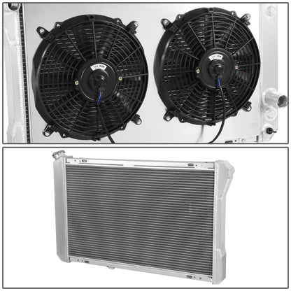 RADIADOR DE ALUMINIO RADIATOR + FAN SHROUD - 3 ROWS - 82-92 CHEVY CAMARO, PONTIAC FIREBIRD - FITS 2.5L, 3.1L, 3.8L V6, OR 305/ 350 CU IN V8 MODELS ONLY - BLACK FANS