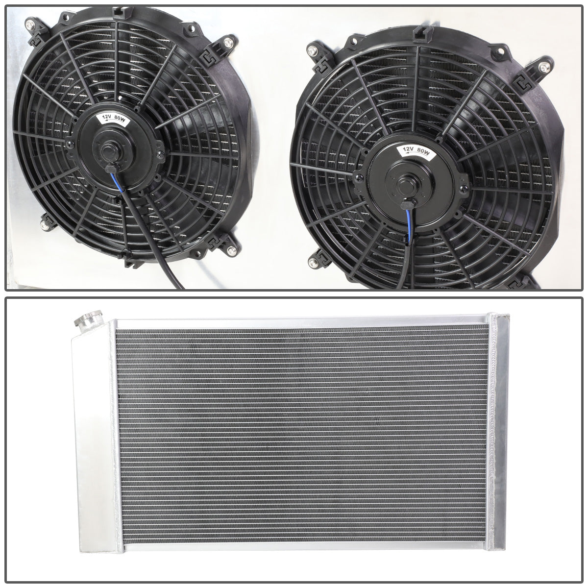 RADIADOR DE ALUMINIO RADIATOR + FAN SHROUD - 3 ROWS - 73-80 CHEVY C/K SERIES/ BUICK/ PONTIAC SMALL BLOCK TRUCK - BLACK FANS