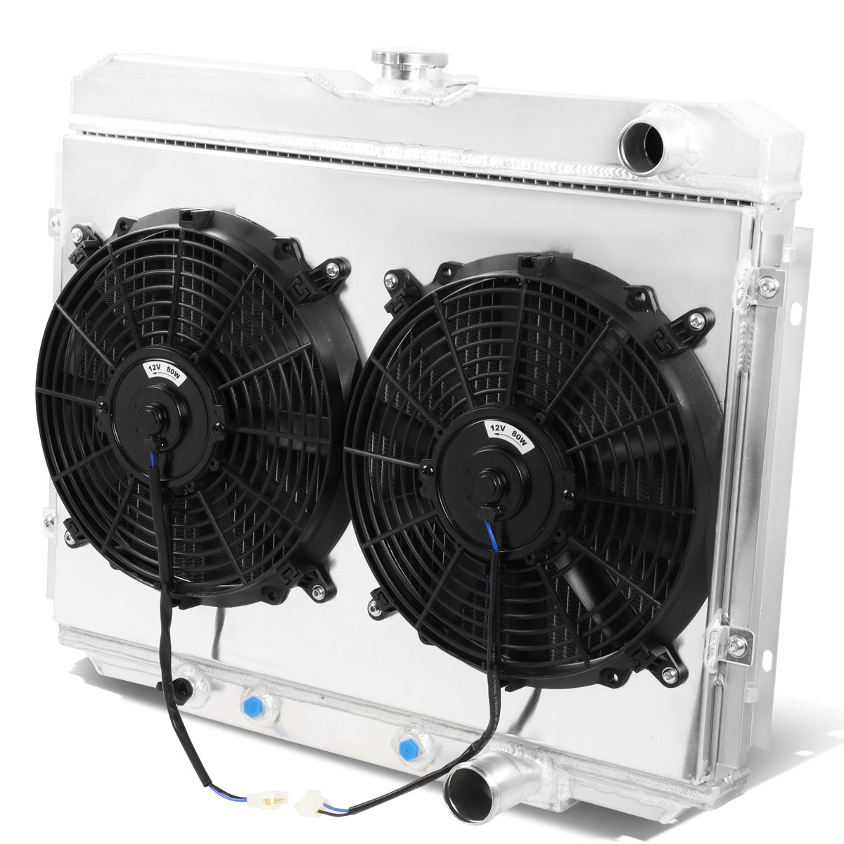 RADIADOR DE ALUMINIO RADIATOR + FAN SHROUD - 3 ROWS - 1969 MERCURY COUGAR 5.0L, 5.8L, FORD RANCHERO 5.0L, 5.8L / 67-70 FORD MUSTANG 4.7L, 5.0L, 5.8L, FORD FAIRLANE 4.7L, 5.0L, 5.8L - FITS MODELS WITH PASSENGER SIDE OUTLETS ONLY - BLACK FANS