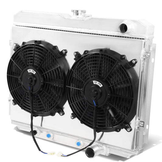 RADIADOR DE ALUMINIO RADIATOR + FAN SHROUD - 3 ROWS - 1969 MERCURY COUGAR 5.0L, 5.8L, FORD RANCHERO 5.0L, 5.8L / 67-70 FORD MUSTANG 4.7L, 5.0L, 5.8L, FORD FAIRLANE 4.7L, 5.0L, 5.8L - FITS MODELS WITH PASSENGER SIDE OUTLETS ONLY - BLACK FANS
