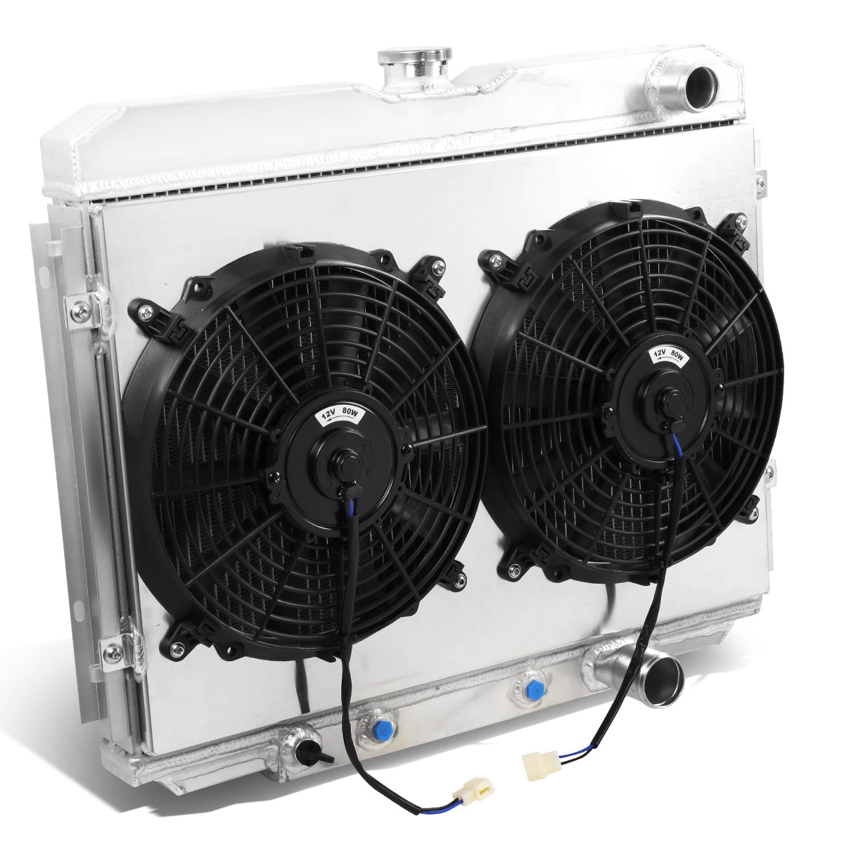 RADIADOR DE ALUMINIO RADIATOR + FAN SHROUD - 3 ROWS - 1969 MERCURY COUGAR 5.0L, 5.8L, FORD RANCHERO 5.0L, 5.8L / 67-70 FORD MUSTANG 4.7L, 5.0L, 5.8L, FORD FAIRLANE 4.7L, 5.0L, 5.8L - FITS MODELS WITH PASSENGER SIDE OUTLETS ONLY - BLACK FANS