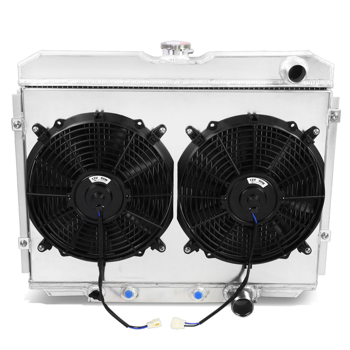 RADIADOR DE ALUMINIO RADIATOR + FAN SHROUD - 3 ROWS - 1969 MERCURY COUGAR 5.0L, 5.8L, FORD RANCHERO 5.0L, 5.8L / 67-70 FORD MUSTANG 4.7L, 5.0L, 5.8L, FORD FAIRLANE 4.7L, 5.0L, 5.8L - FITS MODELS WITH PASSENGER SIDE OUTLETS ONLY - BLACK FANS