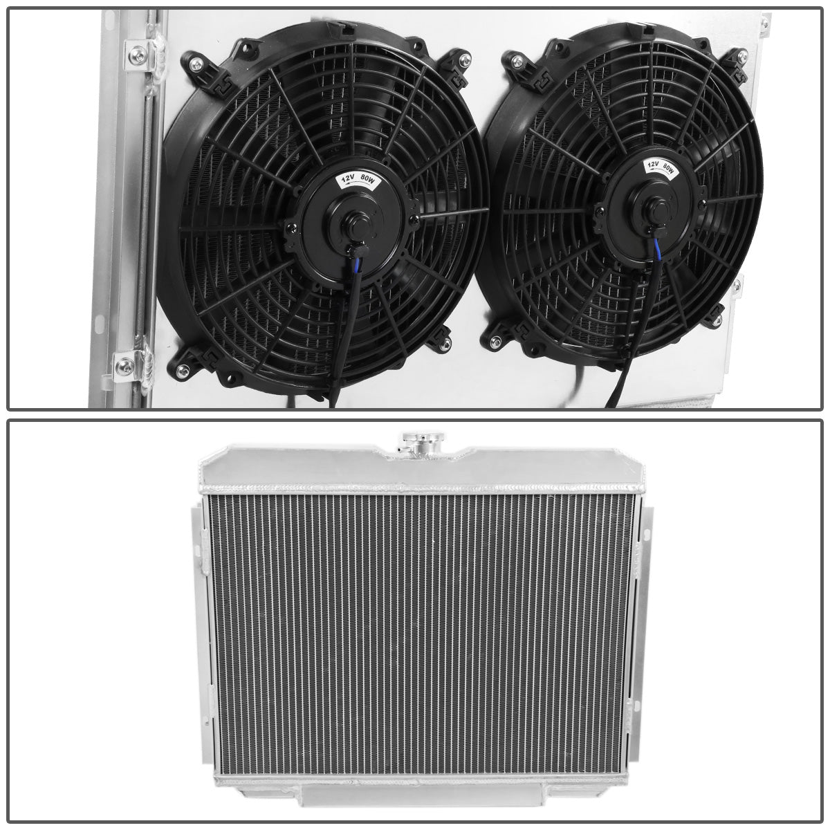 RADIADOR DE ALUMINIO RADIATOR + FAN SHROUD - 3 ROWS - 1969 MERCURY COUGAR 5.0L, 5.8L, FORD RANCHERO 5.0L, 5.8L / 67-70 FORD MUSTANG 4.7L, 5.0L, 5.8L, FORD FAIRLANE 4.7L, 5.0L, 5.8L - FITS MODELS WITH PASSENGER SIDE OUTLETS ONLY - BLACK FANS