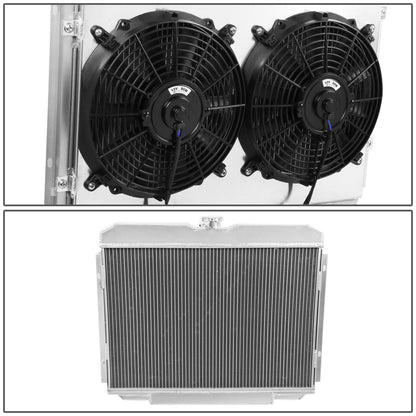 RADIADOR DE ALUMINIO RADIATOR + FAN SHROUD - 3 ROWS - 1969 MERCURY COUGAR 5.0L, 5.8L, FORD RANCHERO 5.0L, 5.8L / 67-70 FORD MUSTANG 4.7L, 5.0L, 5.8L, FORD FAIRLANE 4.7L, 5.0L, 5.8L - FITS MODELS WITH PASSENGER SIDE OUTLETS ONLY - BLACK FANS
