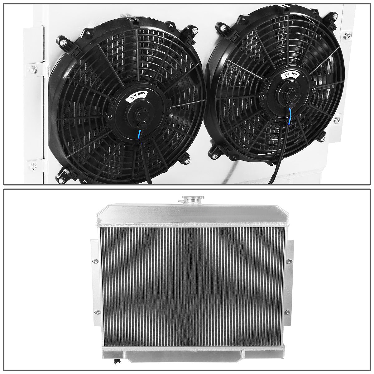 RADIADOR DE ALUMINIO RADIATOR + FAN SHROUD - 3 ROWS - 72-83 JEEP CJ5 3.8L, 4.2L, 5.0L / 73-75 JEEP CJ6 / 76-86 JEEP CJ7 3.8L, 4.2L, 5.0L / 74-75 JEEP CHEROKEE, JEEP J10 / 1973 JEEP COMMANDO - BLACK FANS
