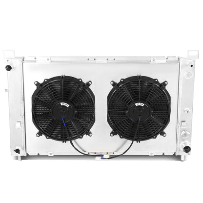 RADIADOR DE ALUMINIO RADIATOR + FAN SHROUD - 2 ROWS - 00-07 GMC YUKON / 00-06 GMC YUKON XL 1500 / 99-06 GMC SIERRA 1500 / 99-00 GMC SIERRA 2500 / 02-05 CADILLAC ESCALADE - FITS AUTOMATIC TRANSMISSION MODELS WITH 4.8L, 5.3L V8 ENGINES ONLY - BLACK FANS