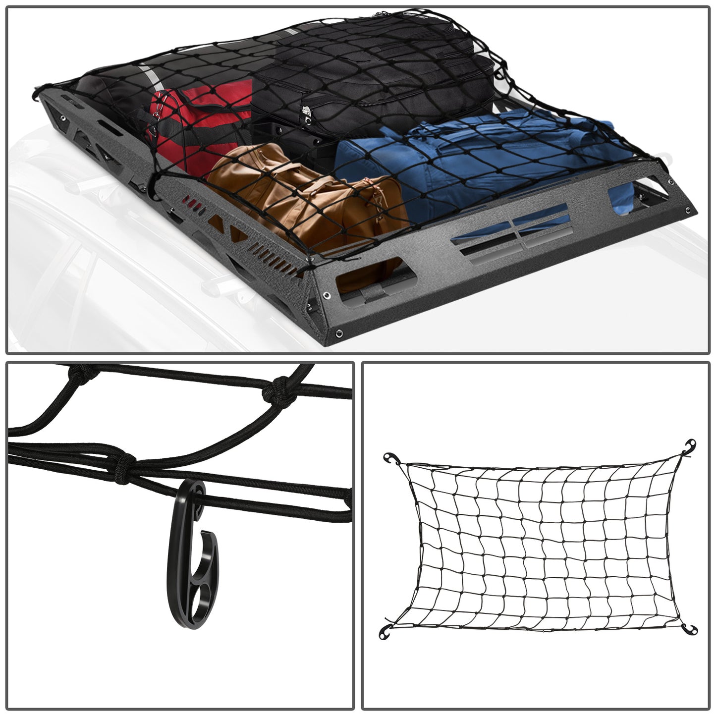 PORTAEQUIPAJE ROOF CARGO BASKET - FITS VEHICLES WITH FLAT CROSSBARS WITH 19-1/4" OR 29" SPACING (FRONT TO BACK) - 47'' W X 36'' L X 5" H - BLACK