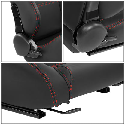 ASIENTOS RACING PVC*ALL IN BLACK + RED STITCHING (YOU CAN CHANGE THE COLOR)*STEEL SEAT FRAME & MEMORY FOAM*BLACK SAFETY BELT HOLES*WITH SINGLE ADJUSTOR & SINGLE SLIDER