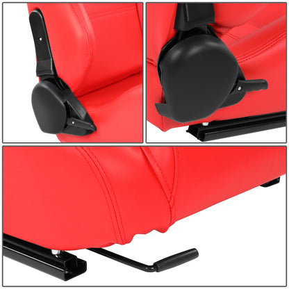 ASIENTOS RACING PVC*ALL IN BLACK + RED STITCHING (YOU CAN CHANGE THE COLOR)*STEEL SEAT FRAME & MEMORY FOAM*BLACK SAFETY BELT HOLES*WITH SINGLE ADJUSTOR & SINGLE SLIDER