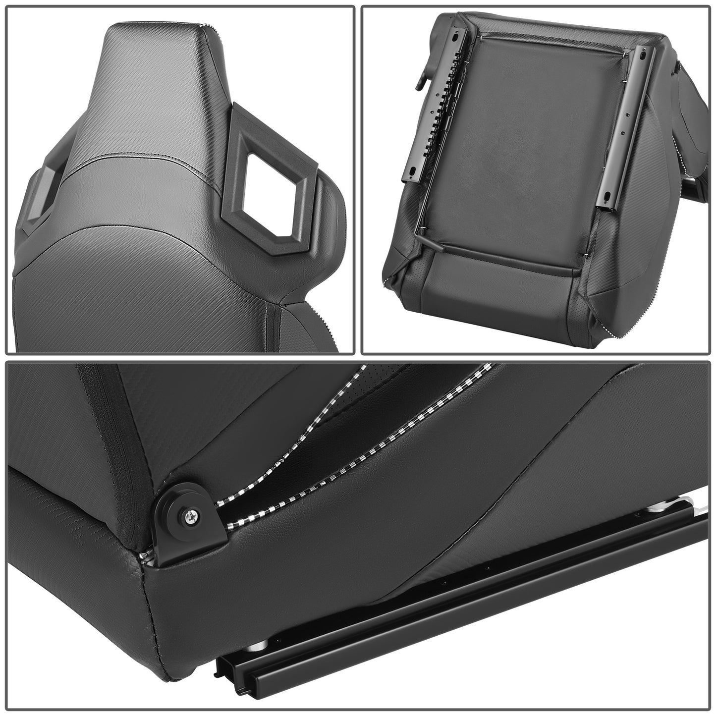 ASIENTOS RACING BLACK PVC + BLACK CARBON LOOKING LEATHER + LIGHT EDGE*STEEL SEAT FRAME & MEMORY FOAM*BLACK SAFETY BELT HOLES*WITH SINGLE ADJUSTOR & DOUBLE SLIDER