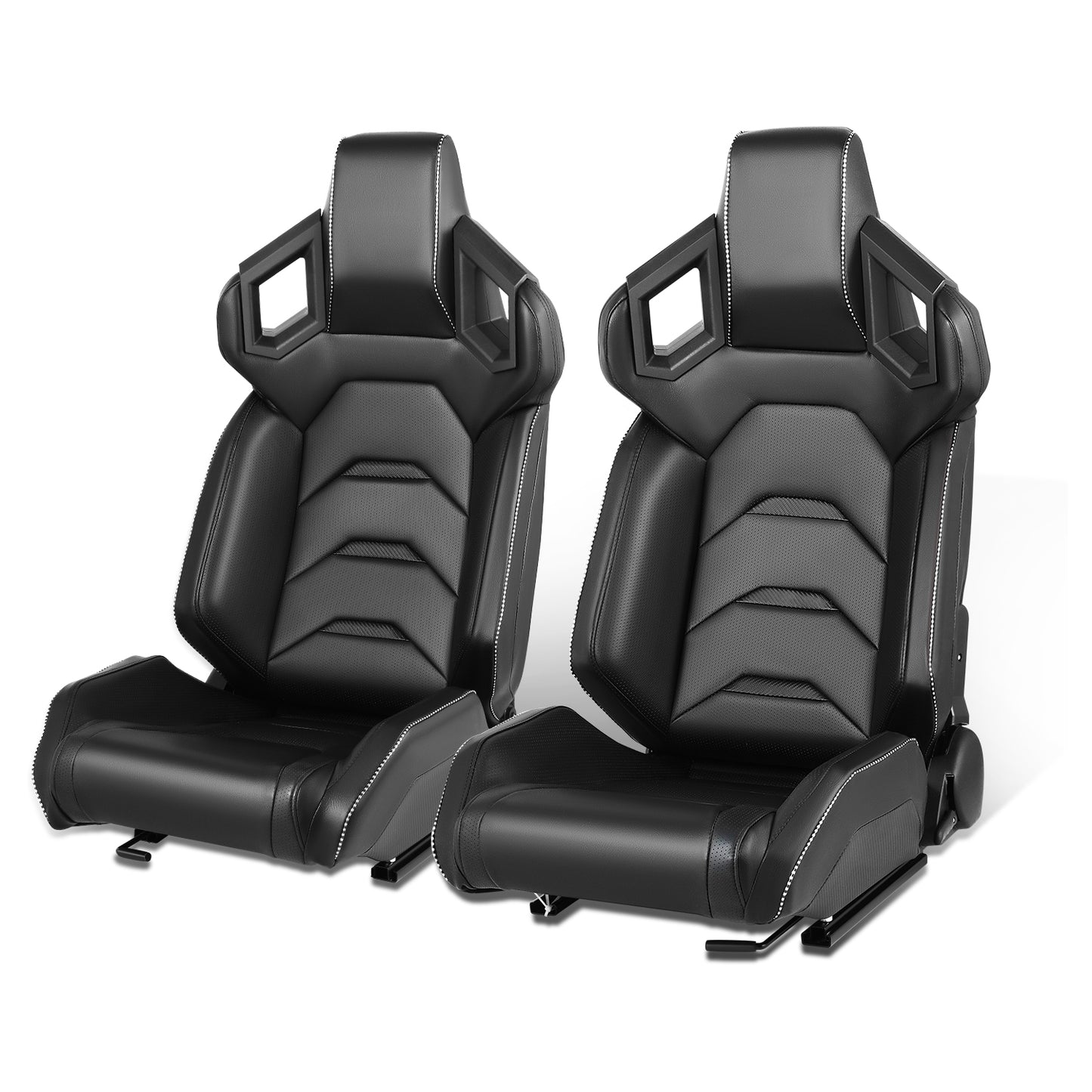 ASIENTOS RACING BLACK PVC + BLACK CARBON LOOKING LEATHER + LIGHT EDGE*STEEL SEAT FRAME & MEMORY FOAM*BLACK SAFETY BELT HOLES*WITH SINGLE ADJUSTOR & DOUBLE SLIDER