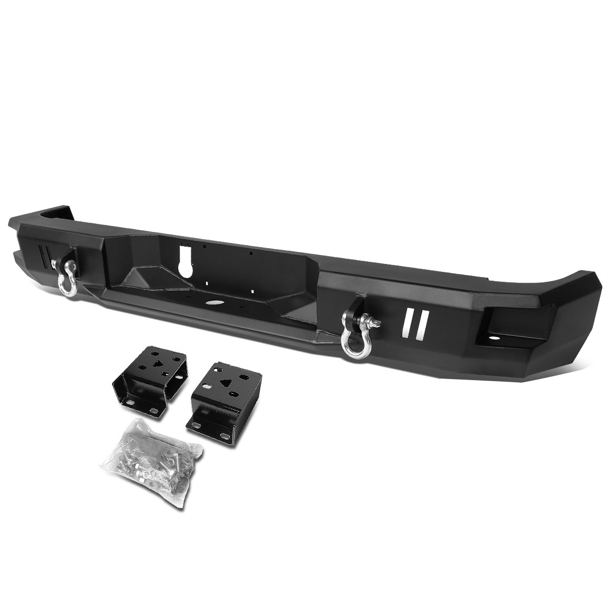 DEFENSA TRASERA OFF ROAD 09-18 DODGE RAM 1500 / 10-18 DODGE RAM 2500, 3500 - W/ D-RING SHACKLES - FITS MODELS WITHOUT REAR SENSORS - BLACK