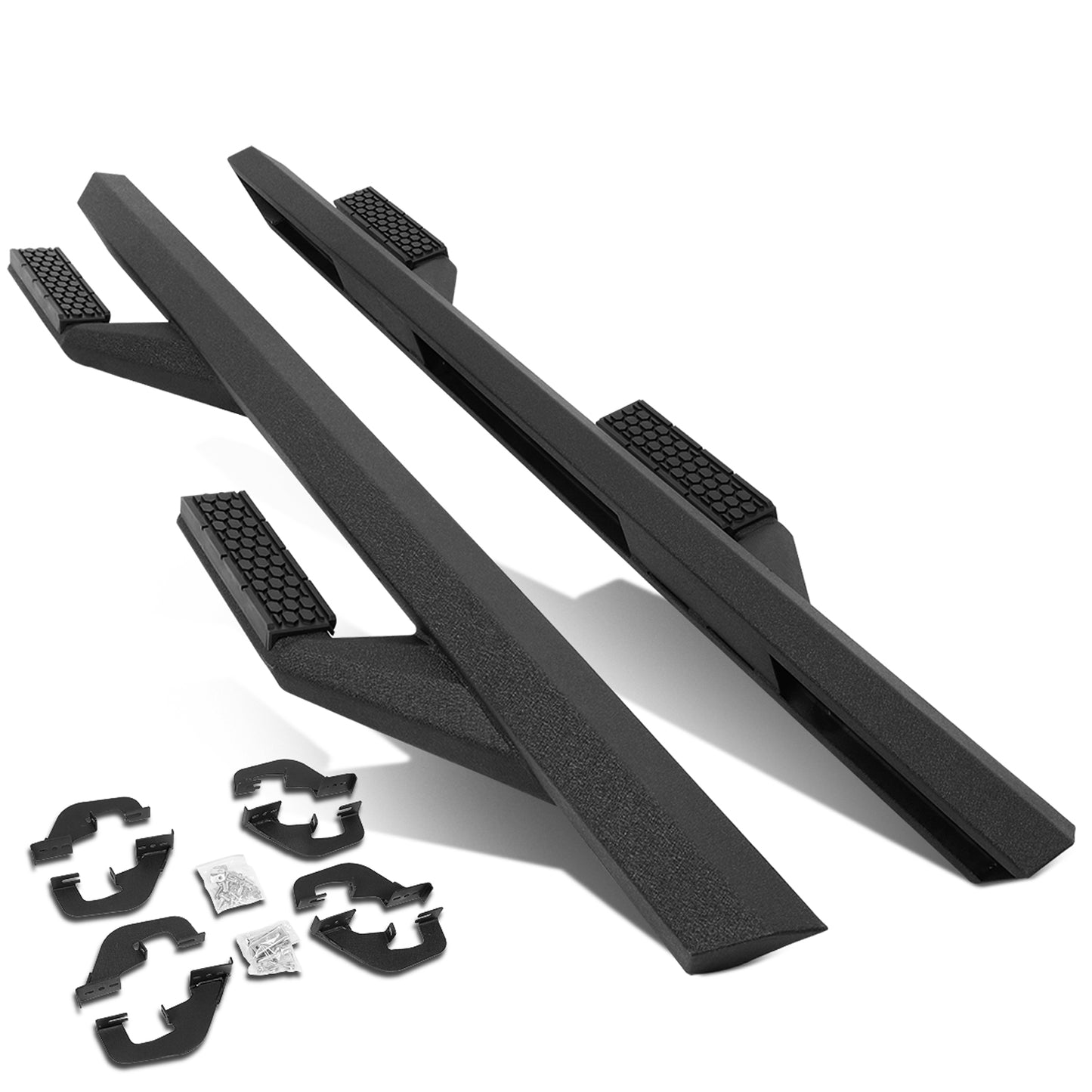 ESTRIBOS 3" - SIDE ARM STYLE - ALUMINUM - 07-18 CHEVY SILVERADO 1500, GMC SIERRA 1500 / 07-19 CHEVY SILVERADO 2500HD, SILVERADO 3500HD, GMC SIERRA 2500HD, SIERRA 3500HD - CREW CAB - BLACK