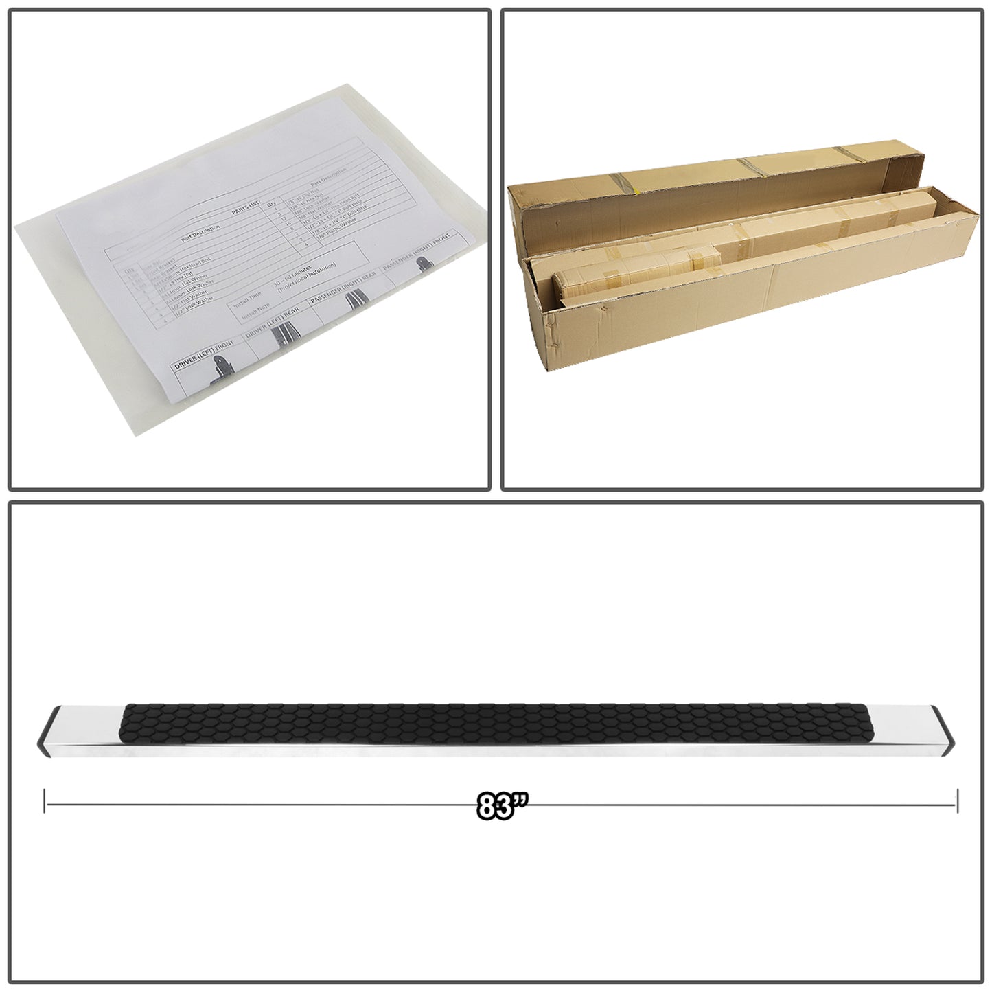 ESTRIBOS 5" - HONEYCOMB STEP PAD - 07-18 CHEVY SILVERADO 1500, GMC SIERRA 1500 / 07-19 CHEVY SILVERADO 2500HD, 3500HD, GMC SIERRA 2500HD, SIERRA 3500HD - DOES NOT FIT DIESEL MODELS EQUIPPED WITH DEF TANK - CREW CAB - CHROME / BLACK