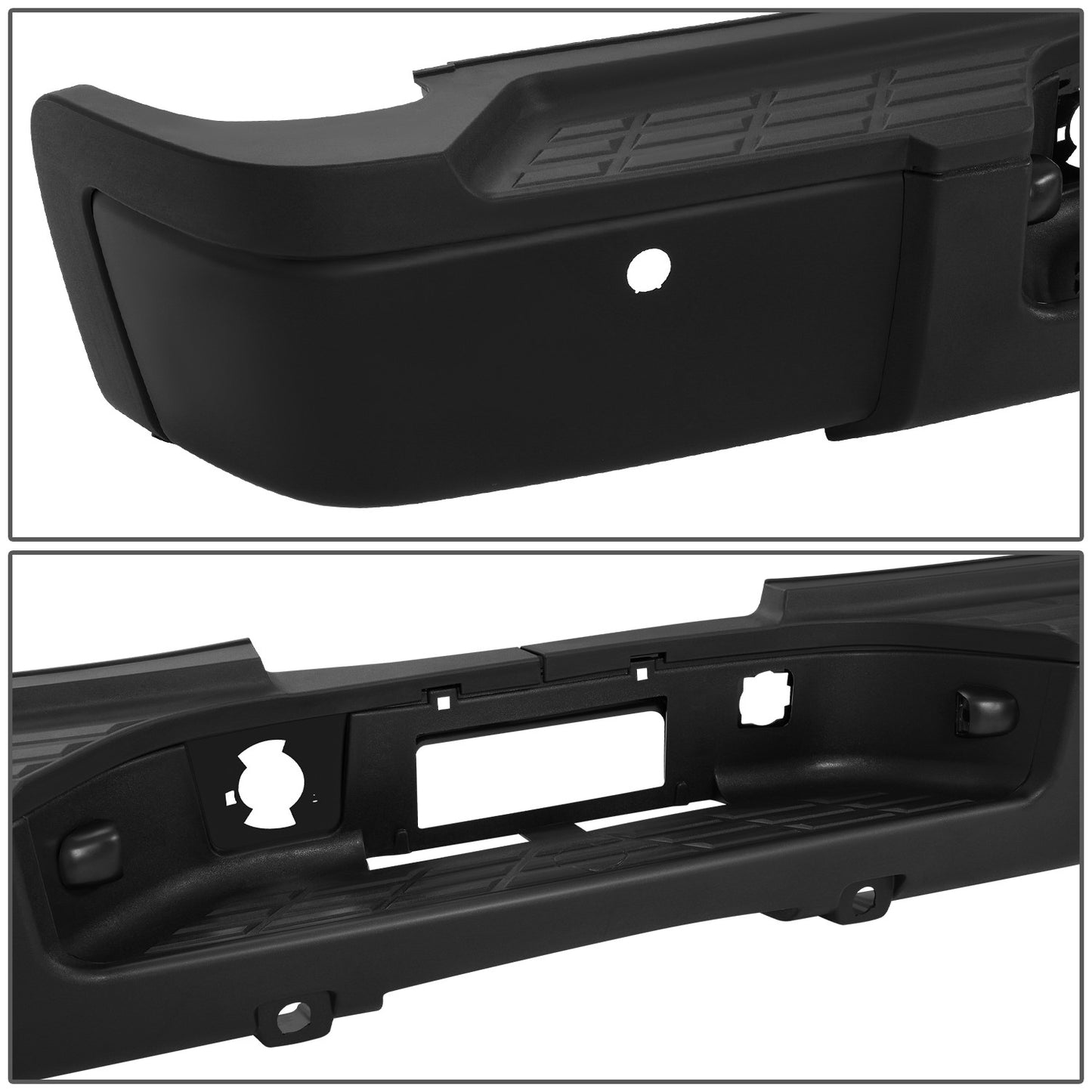 DEFENSA TRASERA 07-10 CHEVROLET SILVERADO 2500 HD / 07-10 CHEVROLET SILVERADO 3500 HD / 07-10 GMC SIERRA 2500 HD / 07-10 GMC SIERRA 3500 HD - WITH REAR PARKING SENSOR HOLES - FITS MODELS WITH SINGLE REAR WHEELS - BLACK