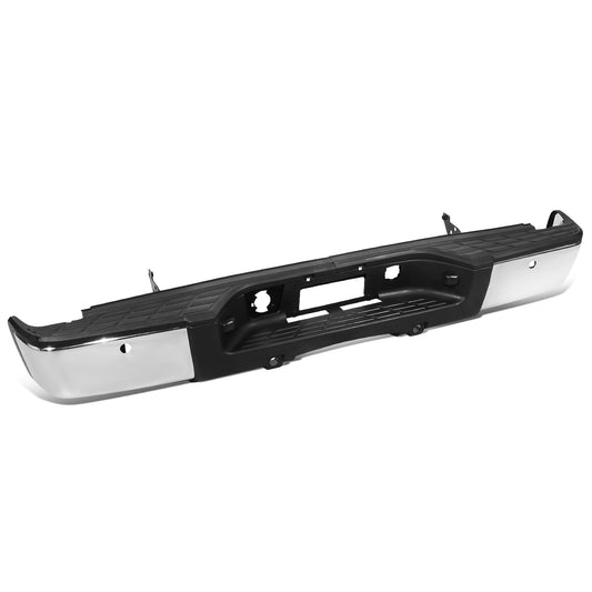 DEFENSA TRASERA 07-13 CHEVY SILVERADO 1500 GMC SIERRA 1500 - W/ PARKING SENSOR HOLES - W/ LICENSE PLATE LIGHTS - FITS MODELS W/ REAR PARKING SENSORS - CHROME/STEEL