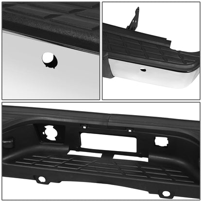 DEFENSA TRASERA 07-13 CHEVY SILVERADO 1500 GMC SIERRA 1500 - W/ PARKING SENSOR HOLES - W/ LICENSE PLATE LIGHTS - FITS MODELS W/ REAR PARKING SENSORS - CHROME/STEEL