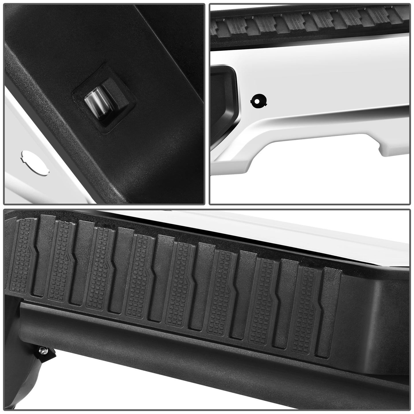 DEFENSA TRASERA 19-23 CHEVY SILVERADO 1500 GMC SIERRA 1500 ALSO FITS CHEVY SILVERADO 1500 LTD 22 AND GMC SIERRA 1500 LIMITED 22 - CORNER STEP MODEL W/ PARKING SENSOR HOLES - W/ EXHUAST CUTOUTS - CHROME/STEEL