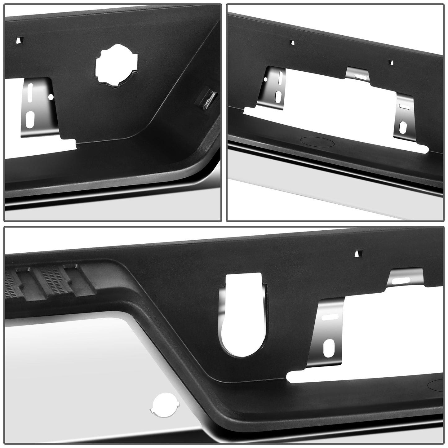 DEFENSA TRASERA 19-23 CHEVY SILVERADO 1500 GMC SIERRA 1500 ALSO FITS CHEVY SILVERADO 1500 LTD 22 AND GMC SIERRA 1500 LIMITED 22 - CORNER STEP MODEL W/ PARKING SENSOR HOLES - W/ EXHUAST CUTOUTS - CHROME/STEEL