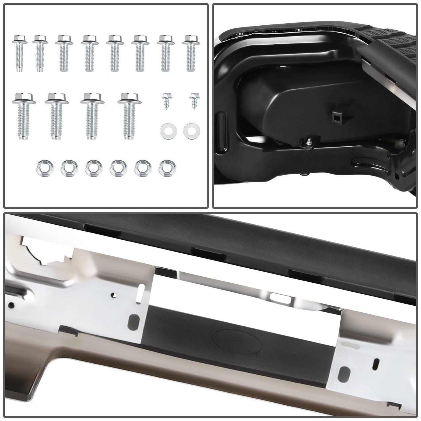DEFENSA TRASERA 19-23 CHEVY SILVERADO 1500 GMC SIERRA 1500 ALSO FITS CHEVY SILVERADO 1500 LTD 22 AND GMC SIERRA 1500 LIMITED 22 - CORNER STEP MODEL W/ PARKING SENSOR HOLES - W/ EXHUAST CUTOUTS - CHROME/STEEL