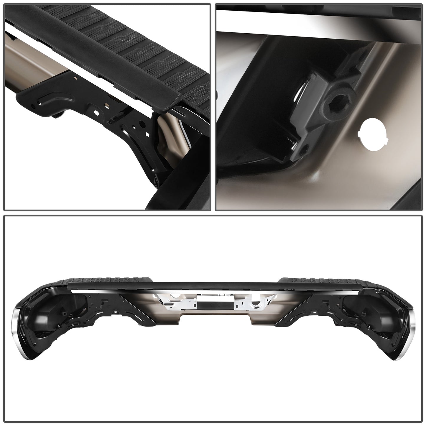 DEFENSA TRASERA 19-23 CHEVY SILVERADO 1500 GMC SIERRA 1500 ALSO FITS CHEVY SILVERADO 1500 LTD 22 AND GMC SIERRA 1500 LIMITED 22 - CORNER STEP MODEL W/ PARKING SENSOR HOLES - W/ EXHUAST CUTOUTS - CHROME/STEEL