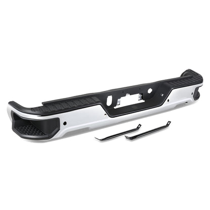 DEFENSA TRASERA 19-23 CHEVY SILVERADO 1500 GMC SIERRA 1500 ALSO FITS CHEVY SILVERADO 1500 LTD 22 AND GMC SIERRA 1500 LIMITED 22 - CORNER STEP MODEL W/ PARKING SENSOR HOLES - W/ EXHUAST CUTOUTS - CHROME/STEEL