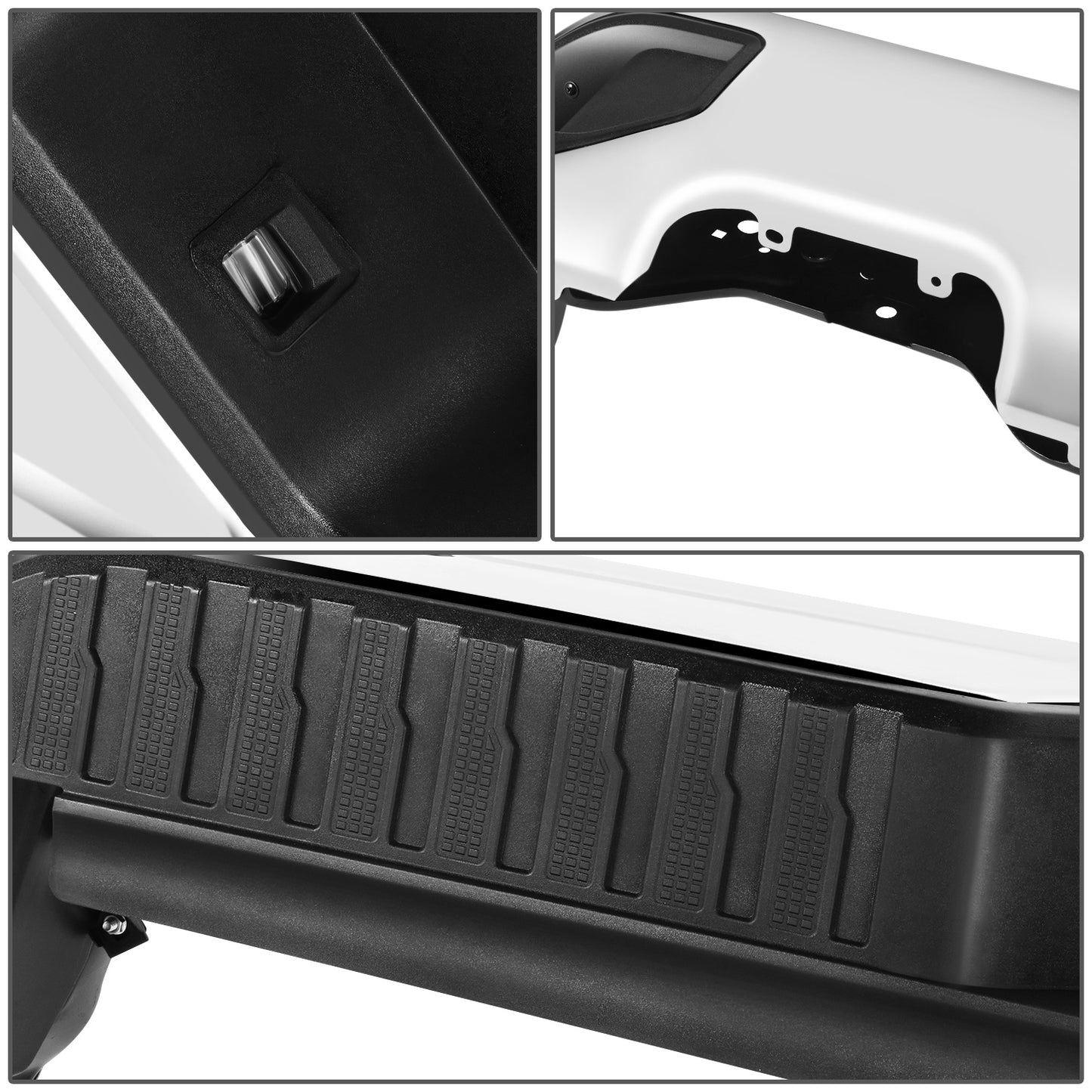 DEFENSA TRASERA 19-23 CHEVY SILVERADO 1500 GMC SIERRA 1500 ALSO FITS CHEVY SILVERADO 1500 LTD 22 AND GMC SIERRA 1500 LIMITED 22 - CORNER STEP MODEL W/O PARKING SENSOR HOLES - W/ EXHAUST CUTOUTS - CHROME/STEEL