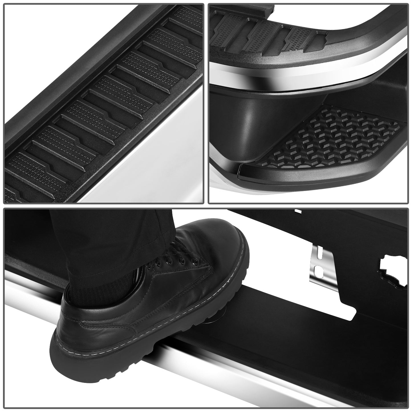 DEFENSA TRASERA 19-23 CHEVY SILVERADO 1500 GMC SIERRA 1500 ALSO FITS CHEVY SILVERADO 1500 LTD 22 AND GMC SIERRA 1500 LIMITED 22 - CORNER STEP MODEL W/O PARKING SENSOR HOLES - W/ EXHAUST CUTOUTS - CHROME/STEEL