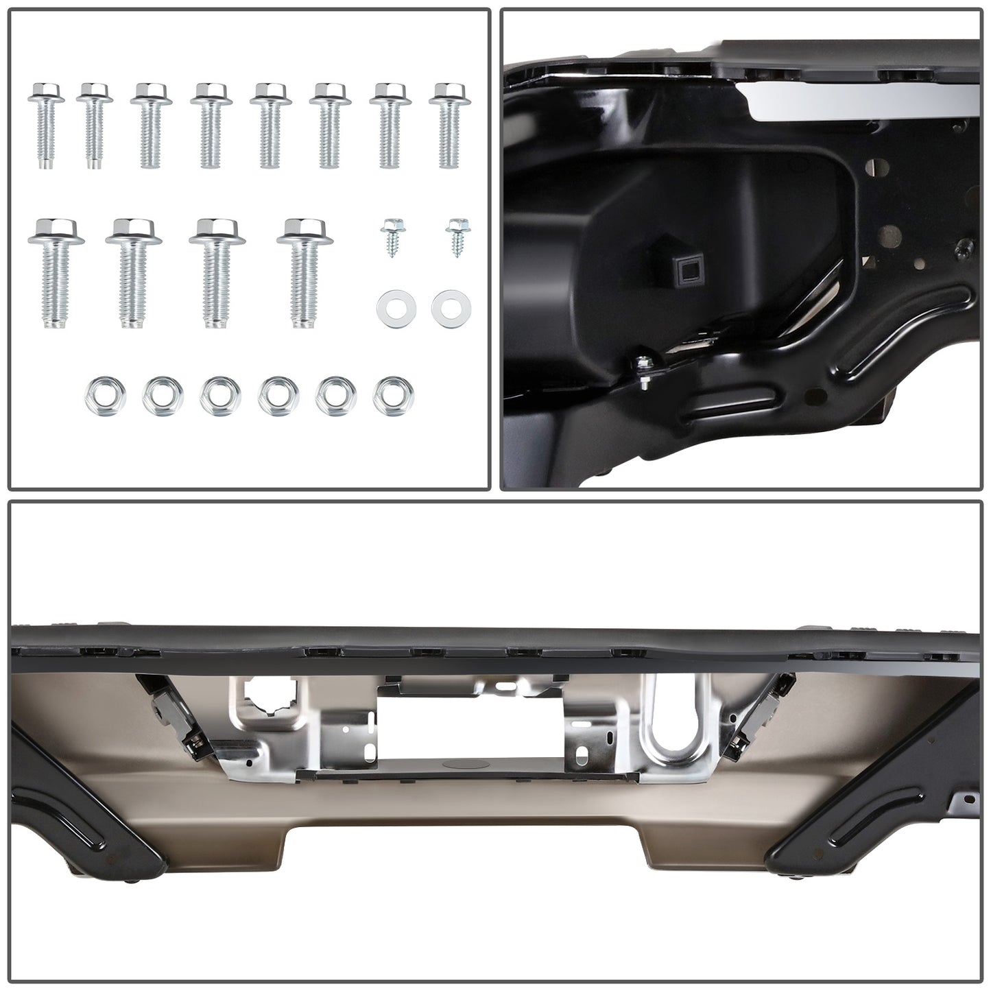 DEFENSA TRASERA 19-23 CHEVY SILVERADO 1500 GMC SIERRA 1500 ALSO FITS CHEVY SILVERADO 1500 LTD 22 AND GMC SIERRA 1500 LIMITED 22 - CORNER STEP MODEL W/O PARKING SENSOR HOLES - W/ EXHAUST CUTOUTS - CHROME/STEEL