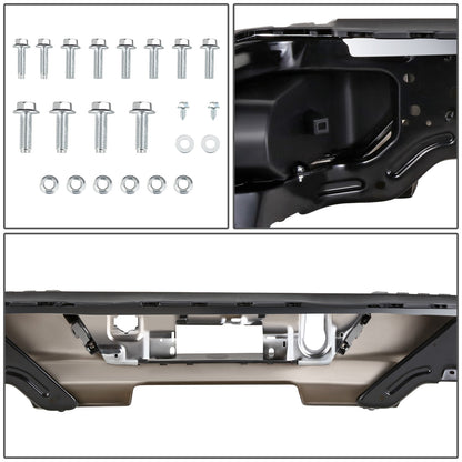 DEFENSA TRASERA 19-23 CHEVY SILVERADO 1500 GMC SIERRA 1500 ALSO FITS CHEVY SILVERADO 1500 LTD 22 AND GMC SIERRA 1500 LIMITED 22 - CORNER STEP MODEL W/O PARKING SENSOR HOLES - W/ EXHAUST CUTOUTS - CHROME/STEEL