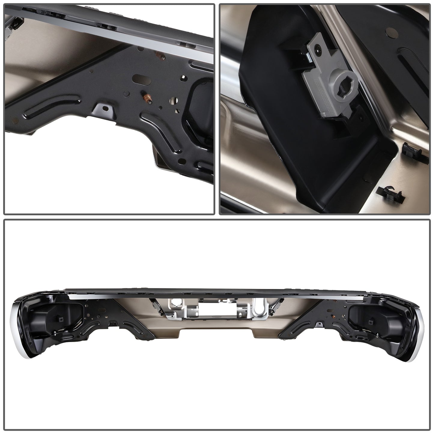 DEFENSA TRASERA 19-23 CHEVY SILVERADO 1500 GMC SIERRA 1500 ALSO FITS CHEVY SILVERADO 1500 LTD 22 AND GMC SIERRA 1500 LIMITED 22 - CORNER STEP MODEL W/O PARKING SENSOR HOLES - W/ EXHAUST CUTOUTS - CHROME/STEEL