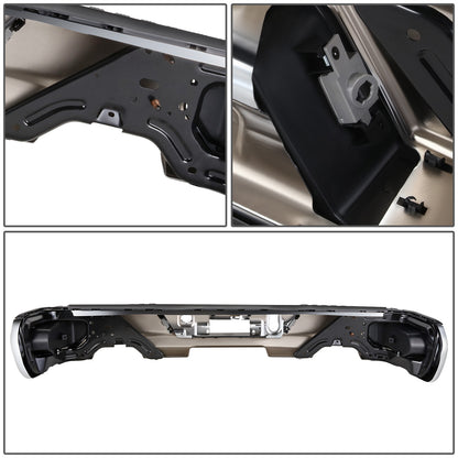 DEFENSA TRASERA 19-23 CHEVY SILVERADO 1500 GMC SIERRA 1500 ALSO FITS CHEVY SILVERADO 1500 LTD 22 AND GMC SIERRA 1500 LIMITED 22 - CORNER STEP MODEL W/O PARKING SENSOR HOLES - W/ EXHAUST CUTOUTS - CHROME/STEEL