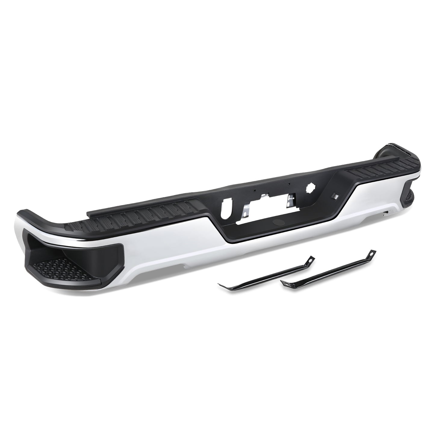 DEFENSA TRASERA 19-23 CHEVY SILVERADO 1500 GMC SIERRA 1500 ALSO FITS CHEVY SILVERADO 1500 LTD 22 AND GMC SIERRA 1500 LIMITED 22 - CORNER STEP MODEL W/O PARKING SENSOR HOLES - W/ EXHAUST CUTOUTS - CHROME/STEEL