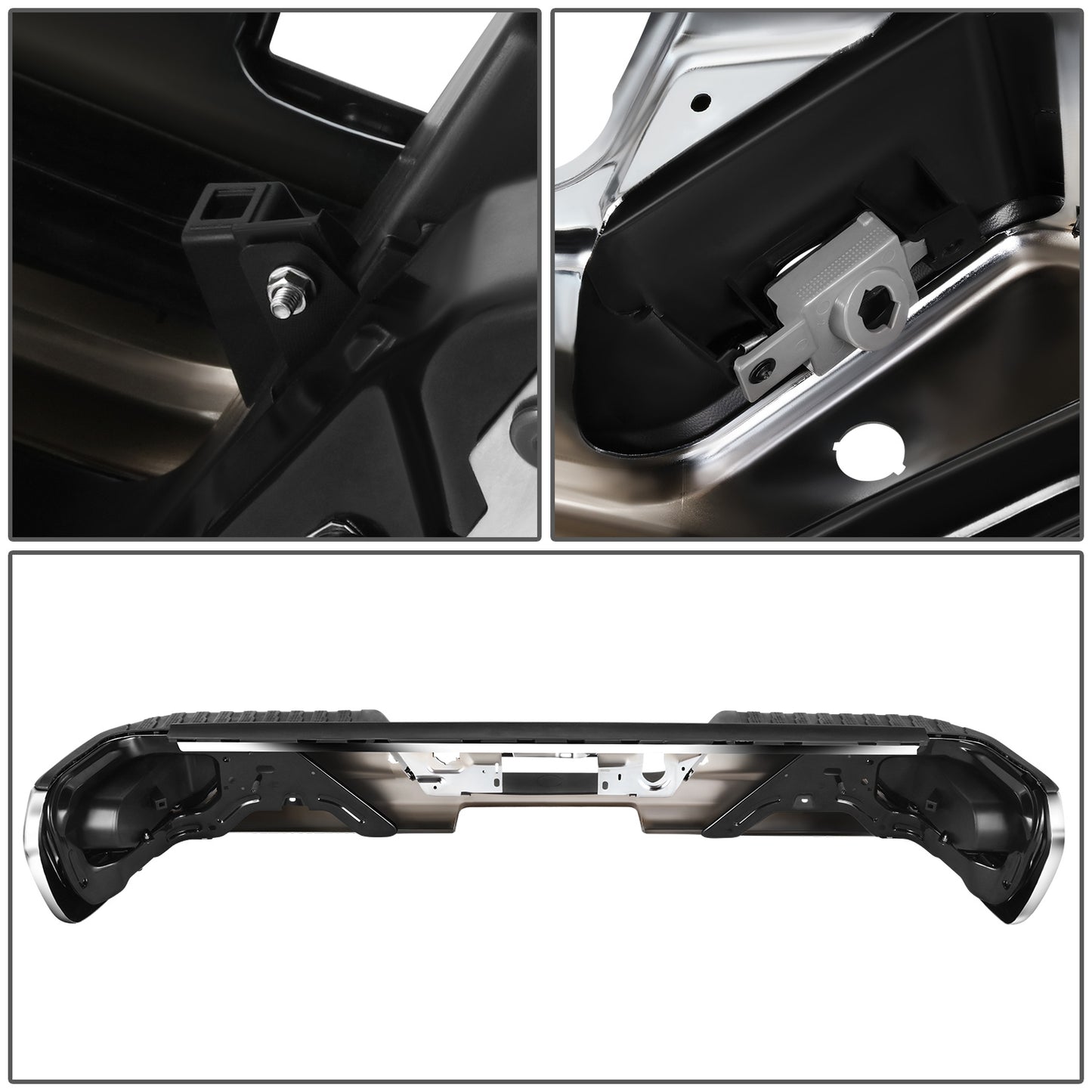 DEFENSA TRASERA 19-23 CHEVY SILVERADO 1500 GMC SIERRA 1500 ALSO FITS CHEVY SILVERADO 1500 LTD 22 AND GMC SIERRA 1500 LIMITED 22 - CORNER STEP MODEL W/ PARKING SENSOR HOLES - W/O EXHUAST CUTOUTS - CHROME/STEEL