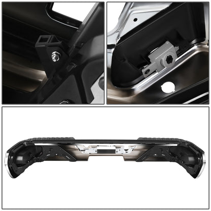 DEFENSA TRASERA 19-23 CHEVY SILVERADO 1500 GMC SIERRA 1500 ALSO FITS CHEVY SILVERADO 1500 LTD 22 AND GMC SIERRA 1500 LIMITED 22 - CORNER STEP MODEL W/ PARKING SENSOR HOLES - W/O EXHUAST CUTOUTS - CHROME/STEEL