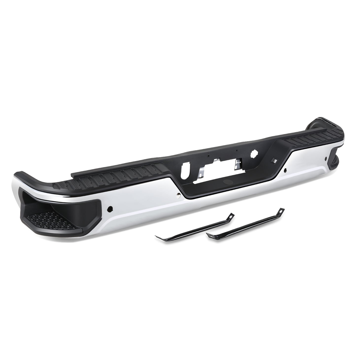 DEFENSA TRASERA 19-23 CHEVY SILVERADO 1500 GMC SIERRA 1500 ALSO FITS CHEVY SILVERADO 1500 LTD 22 AND GMC SIERRA 1500 LIMITED 22 - CORNER STEP MODEL W/ PARKING SENSOR HOLES - W/O EXHUAST CUTOUTS - CHROME/STEEL