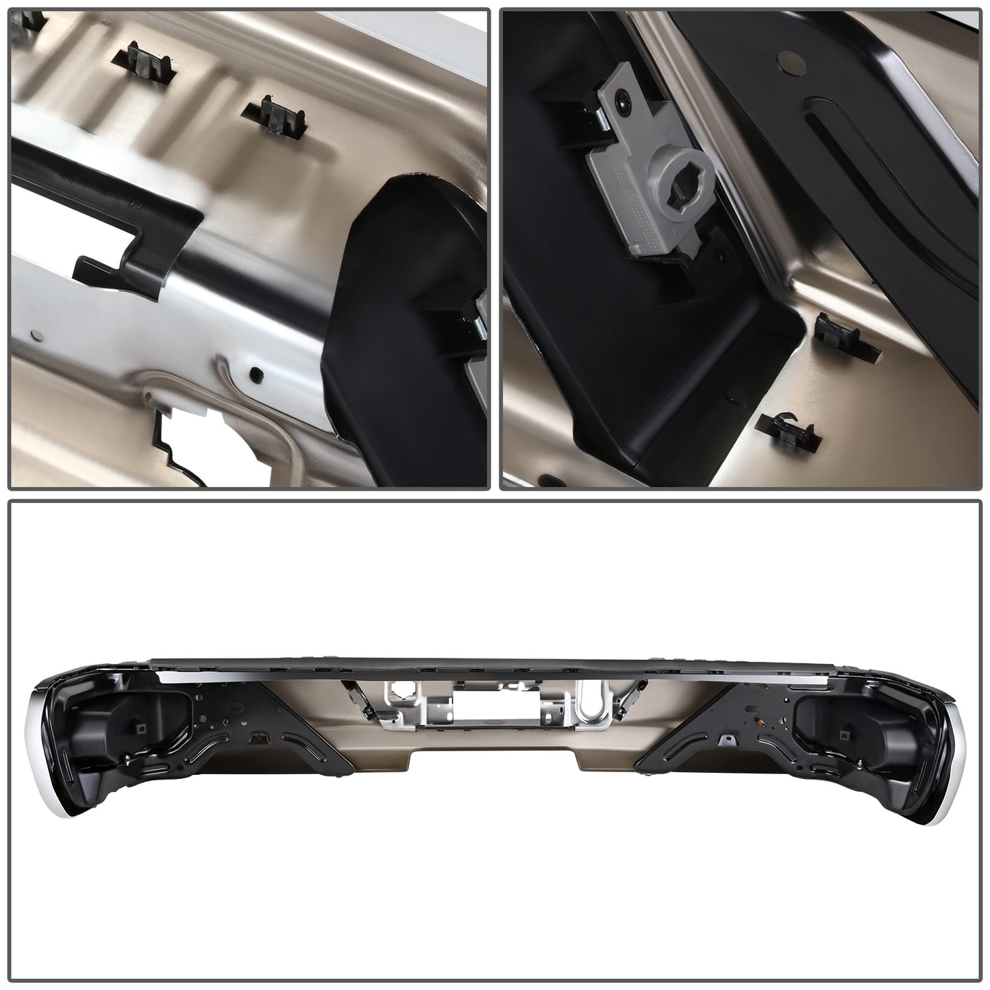 DEFENSA TRASERA 19-23 CHEVY SILVERADO 1500 GMC SIERRA 1500 ALSO FITS CHEVY SILVERADO 1500 LTD 22 AND GMC SIERRA 1500 LIMITED 22 - CORNER STEP MODEL W/O PARKING SENSOR HOLES - W/O EXHUAST CUTOUTS - CHROME/STEEL