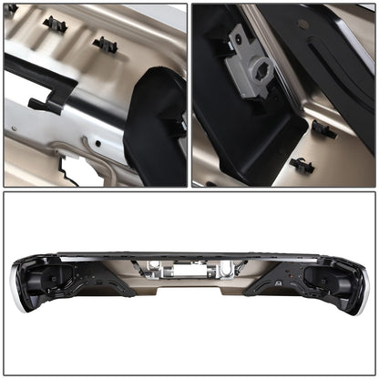 DEFENSA TRASERA 19-23 CHEVY SILVERADO 1500 GMC SIERRA 1500 ALSO FITS CHEVY SILVERADO 1500 LTD 22 AND GMC SIERRA 1500 LIMITED 22 - CORNER STEP MODEL W/O PARKING SENSOR HOLES - W/O EXHUAST CUTOUTS - CHROME/STEEL